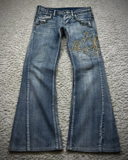 Tornado Mart Tribal Embroidery Spiral Flared Jeans