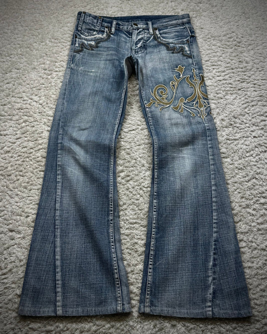 Tornado Mart Tribal Embroidery Spiral Flared Jeans