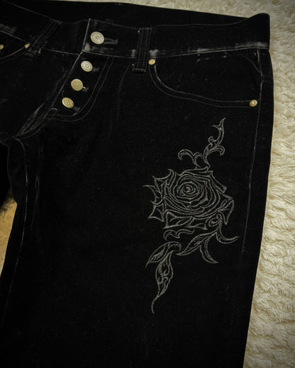 Tornado Mart Rose Embroidery Velour Flared Pants
