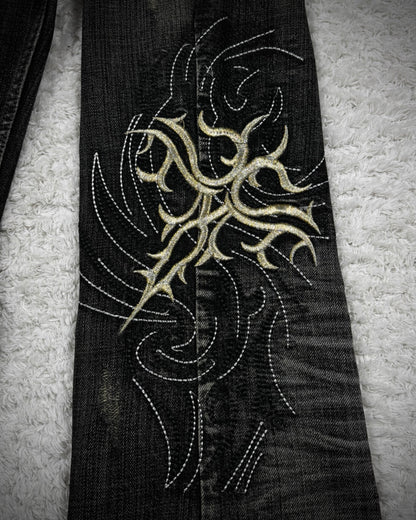 Tornado Mart Cyber Tribal Embroidery Flared Jeans