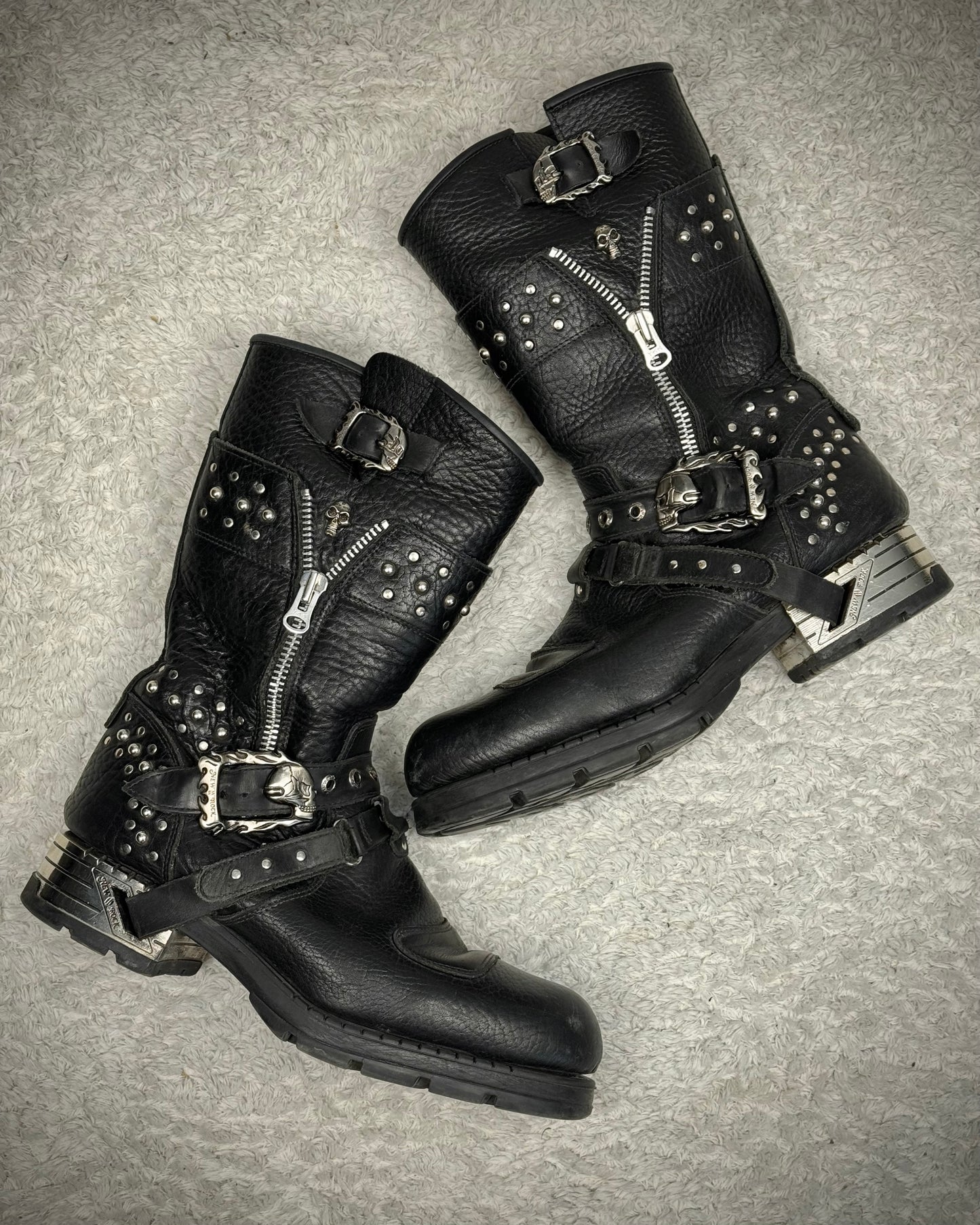 New Rock Steel Heel Studded Belted Leather Boots