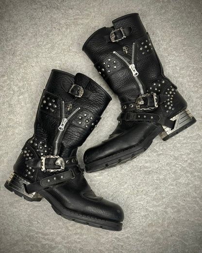 New Rock Steel Heel Studded Belted Leather Boots