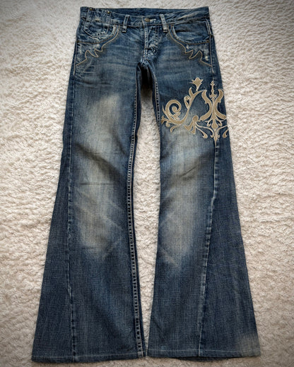 Tornado Mart Tribal Embroidery Spiral Flared Jeans