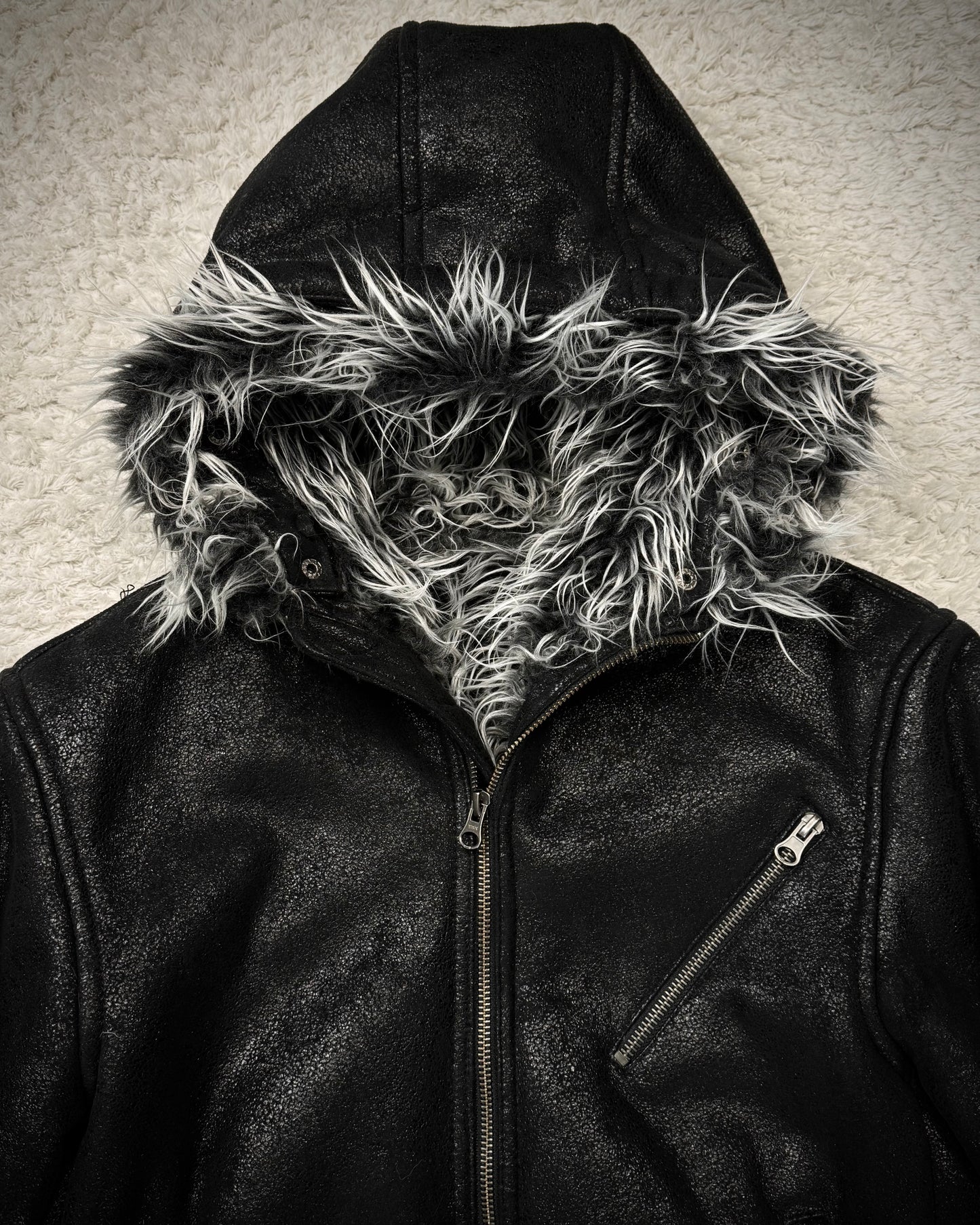 Semantic Design Luster Textured Fur Interior Hooded Jacket