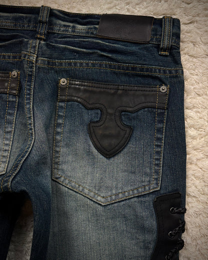 Tornado Mart Leather Lace Up Flared Jeans