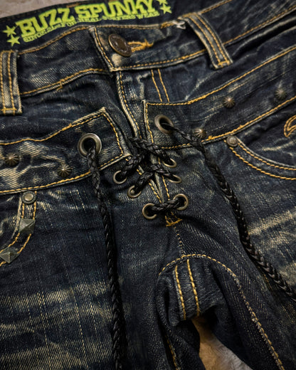 Buzz Spunky Double Waisted Lace Up Studded Flared Jeans