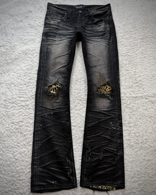 CavariA Leopard Repaired Clawmarks Flared Jeans