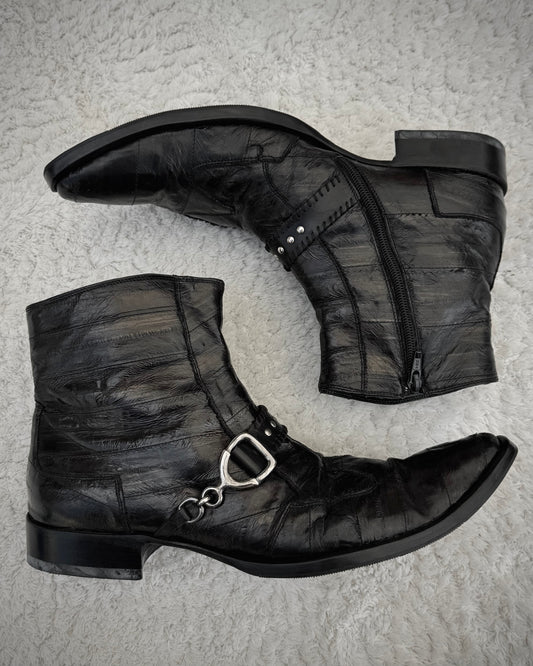 Italian Scar Stitched Belted Textured Pointed Leather Boots