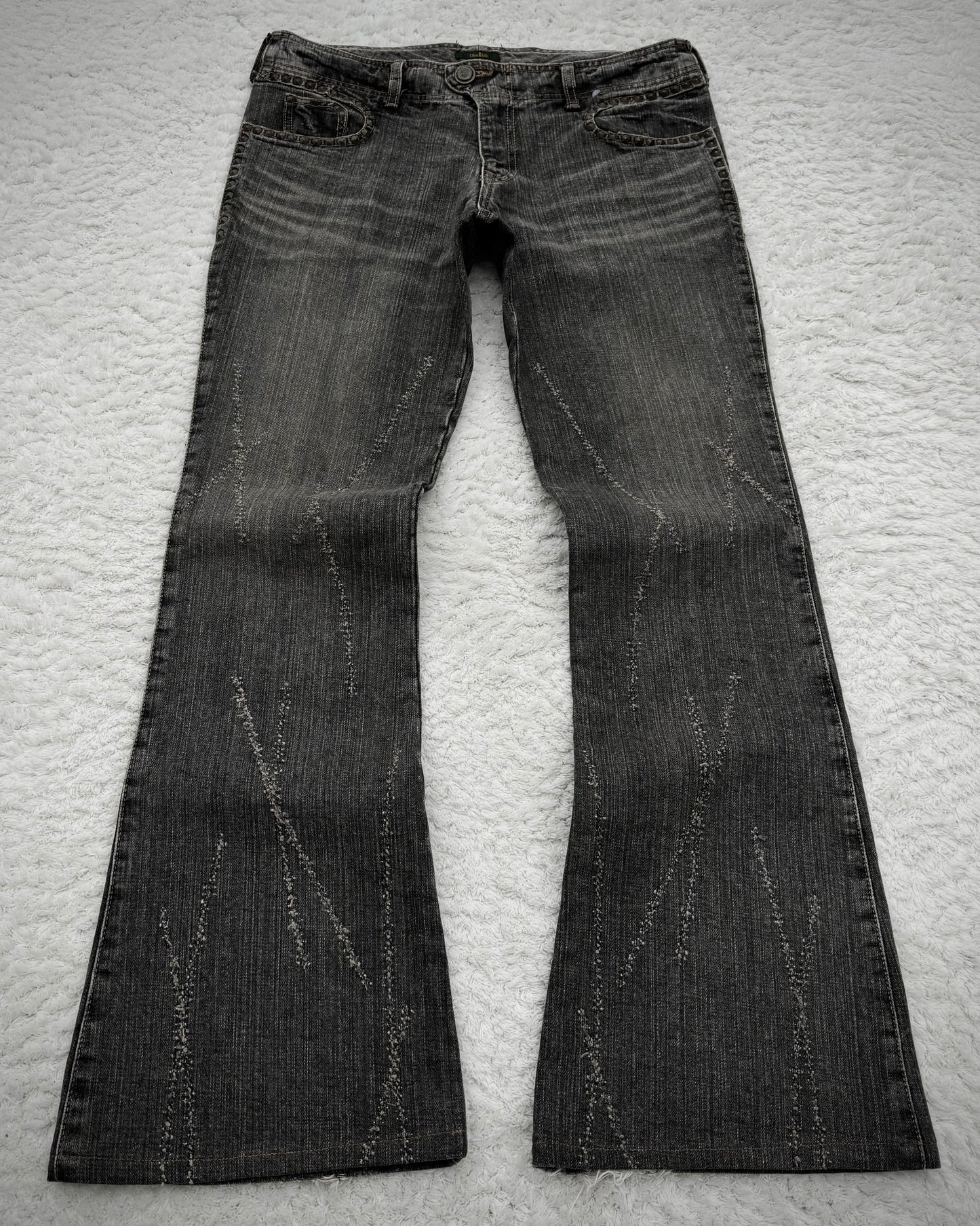 Obelisk Studded Distressed Design Flared Jeans