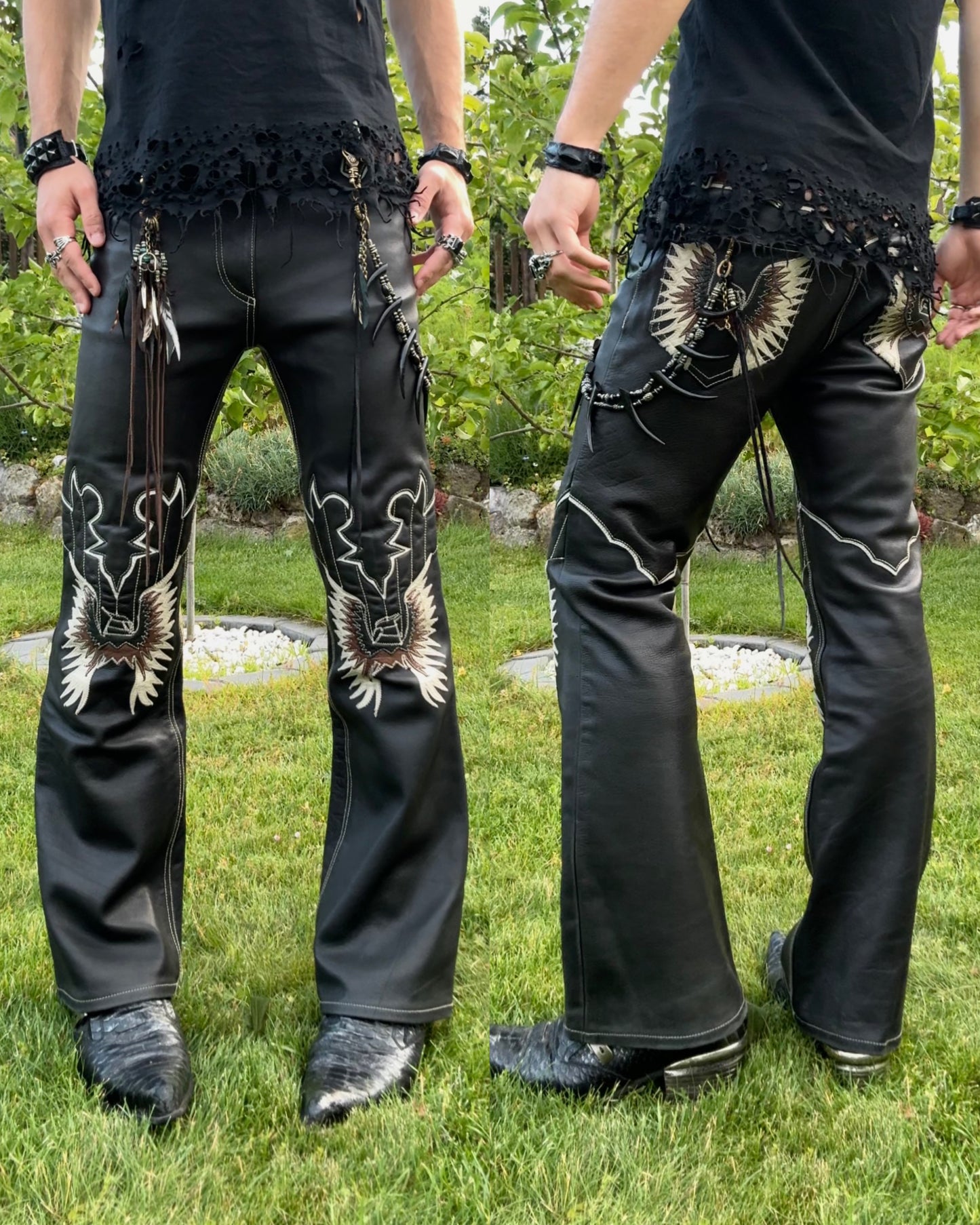 Yasuyuki Ishii Tribe Flared Leather Pants