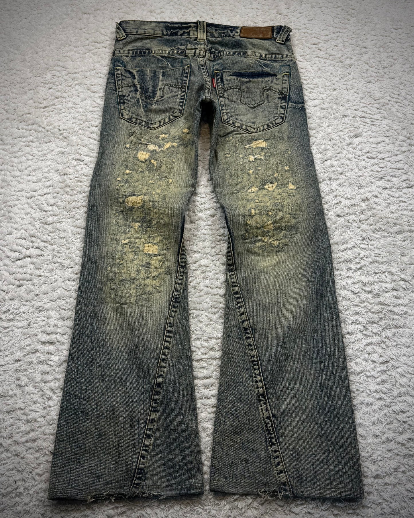 Tornado Mart Mud Washed Stitch Repaired Distressed Flared Jeans