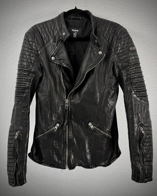 Tigha Ribbed Leather Biker Jacket