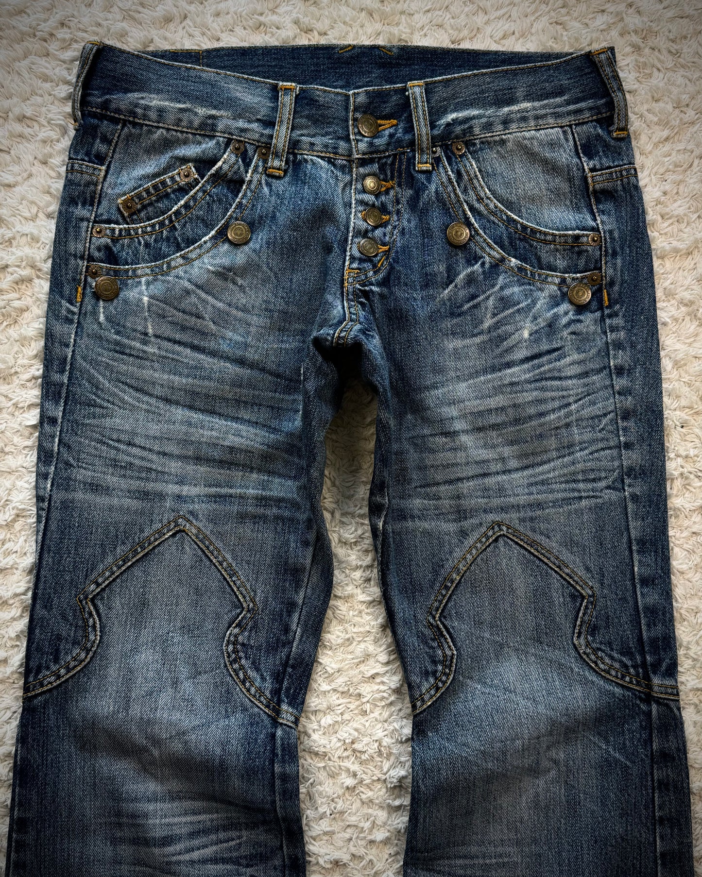 Tornado Mart Leather Flap Pocket Sword Knee Flared Jeans