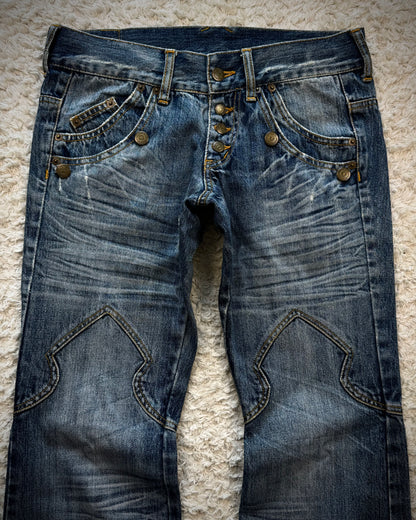 Tornado Mart Leather Flap Pocket Sword Knee Flared Jeans