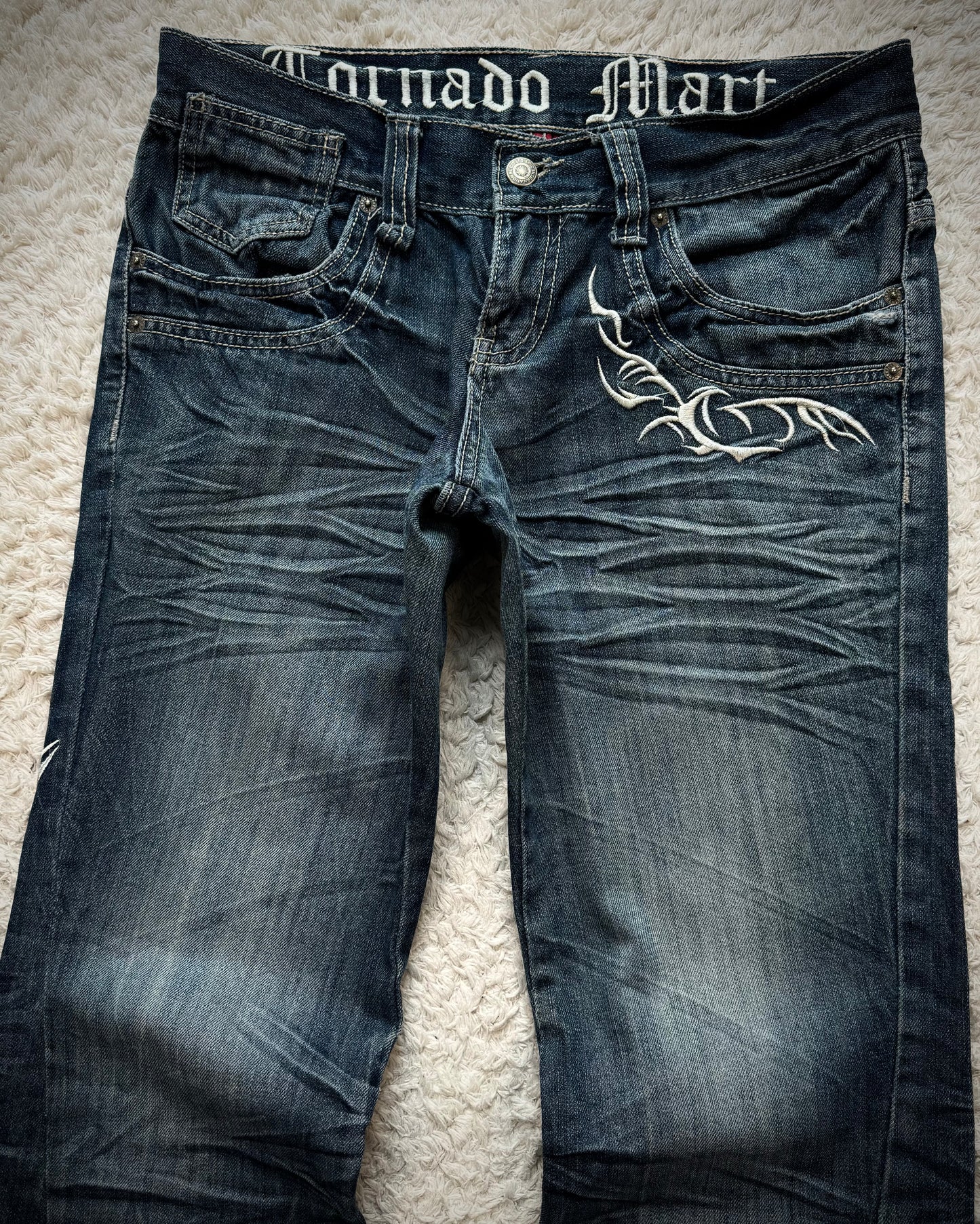 Tornado Mart Tribal Embroidery Whiskered Spiral Flared Jeans