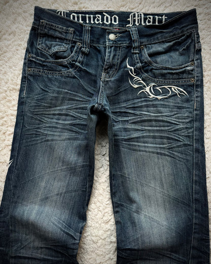 Tornado Mart Tribal Embroidery Whiskered Spiral Flared Jeans