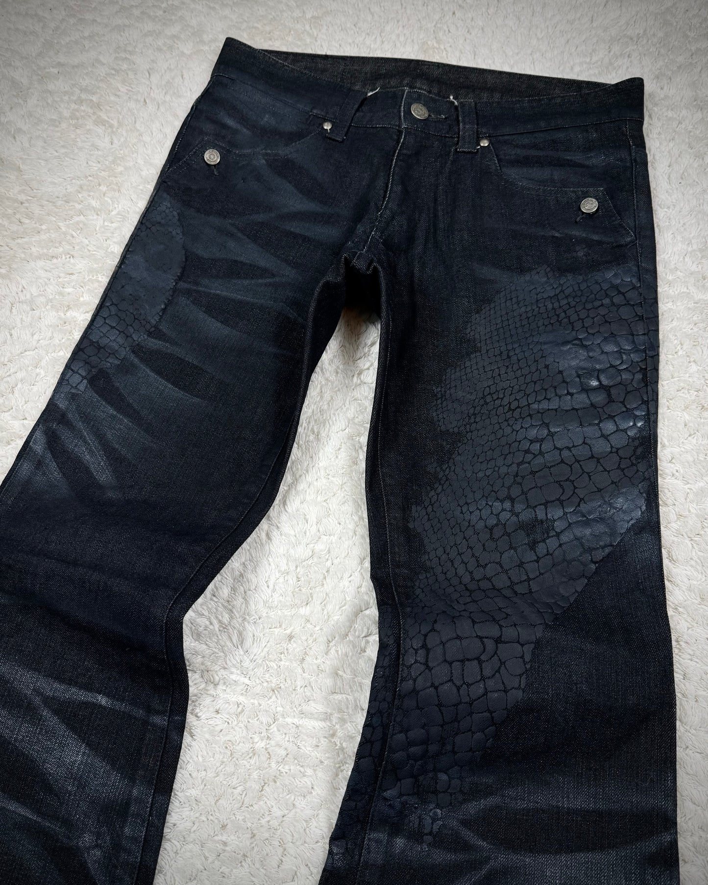 Tornado Mart 3D Python Coated Whisker Waxed Flared Jeans