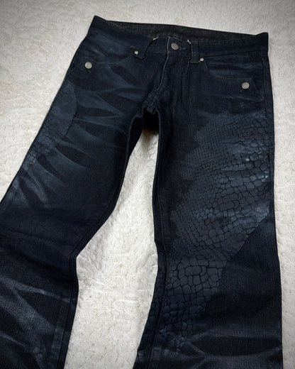 Tornado Mart 3D Python Coated Whisker Waxed Flared Jeans