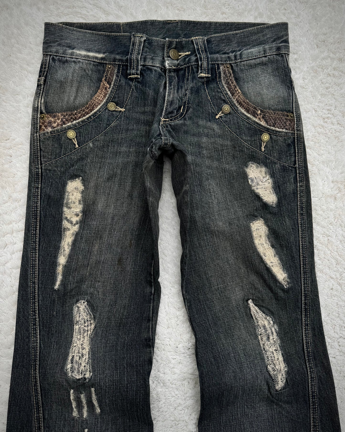 Tornado Mart Python Detailed Distressed Flared Jeans