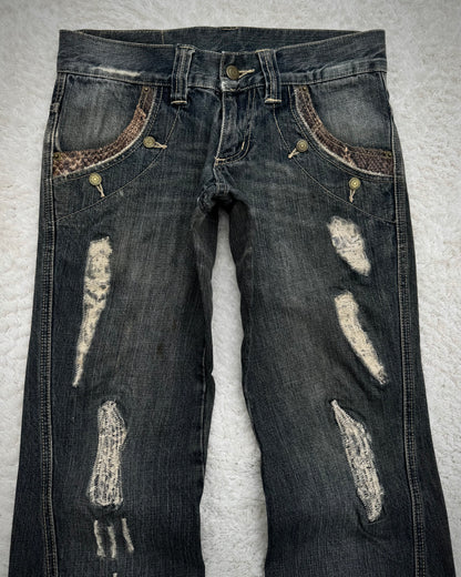 Tornado Mart Python Detailed Distressed Flared Jeans