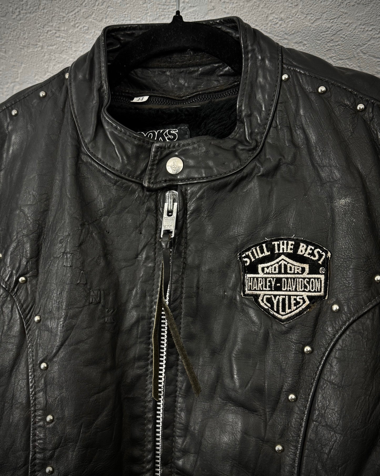 Brooks Harley Patched Studded Vintage Leather Biker Jacket