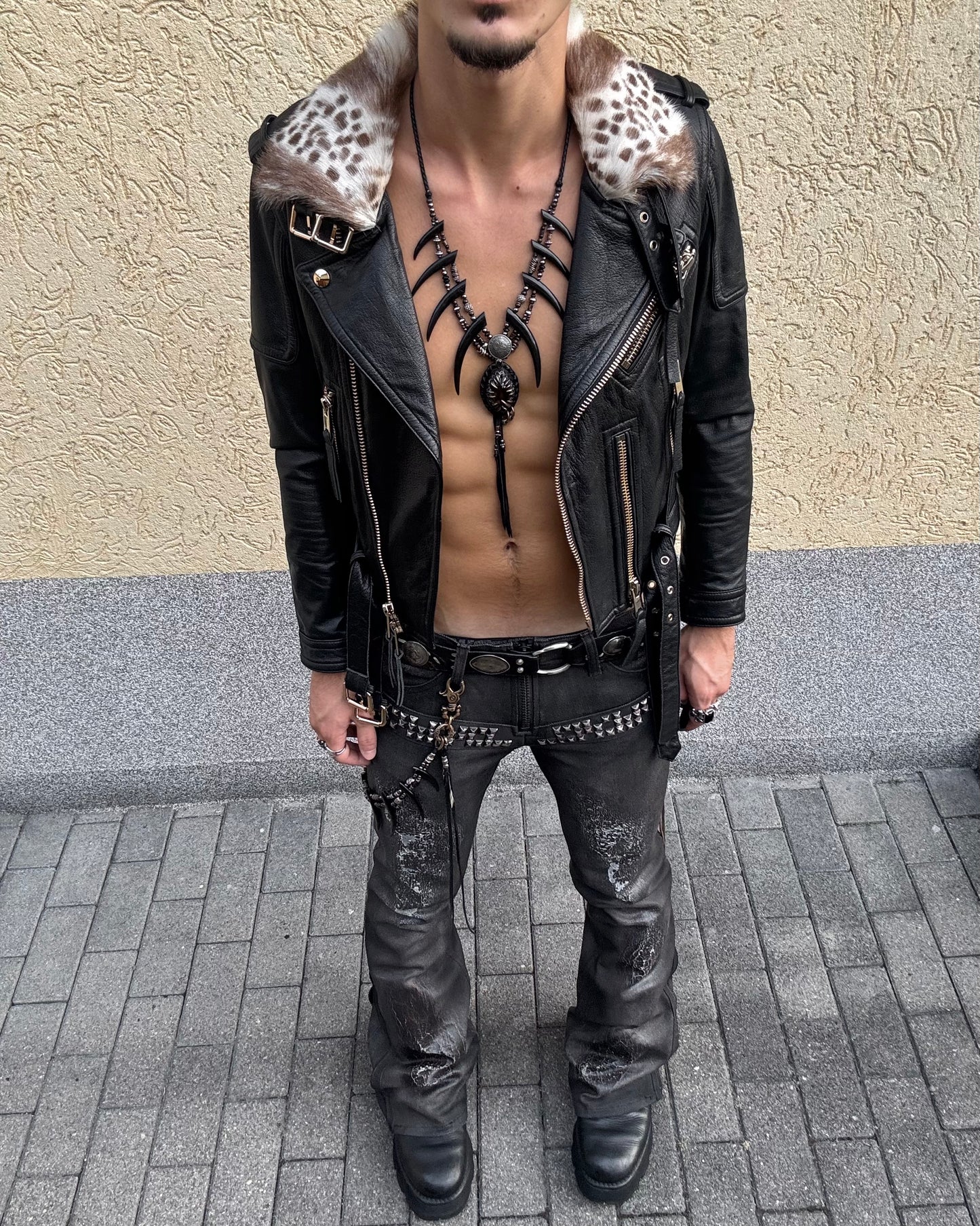 Jeffteli Leopard Fur Collar Leather Biker Jacket