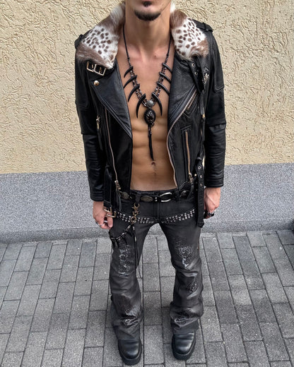 Jeffteli Leopard Fur Collar Leather Biker Jacket
