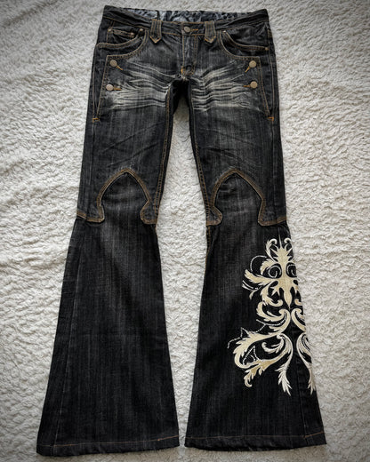 Tornado Mart Tribal Tattoo Embroidery Flared Jeans