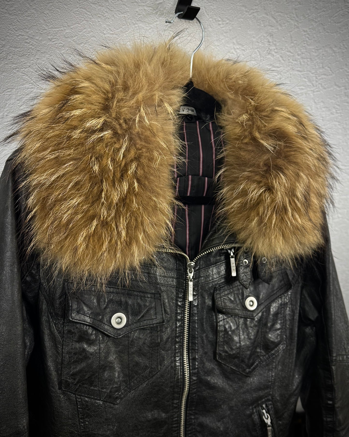 Atelier Sab Men Chunky Raccoon Fur Collar Leather Jacket