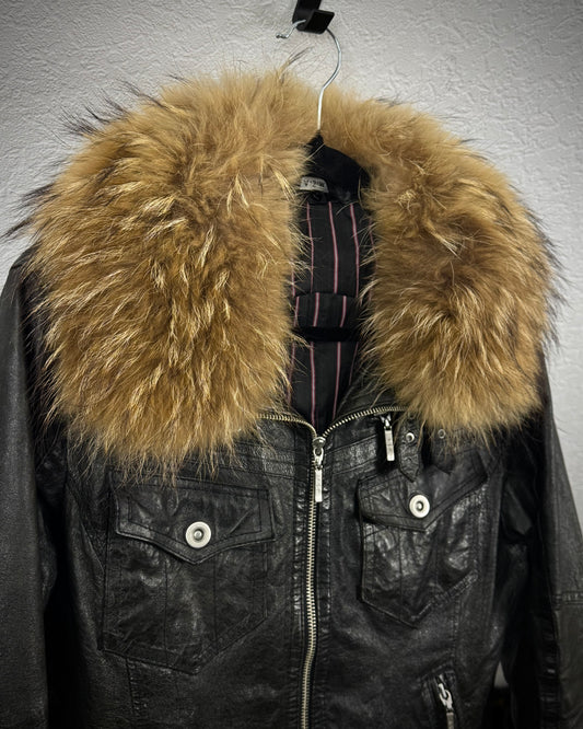 Atelier Sab Men Chunky Raccoon Fur Collar Leather Jacket