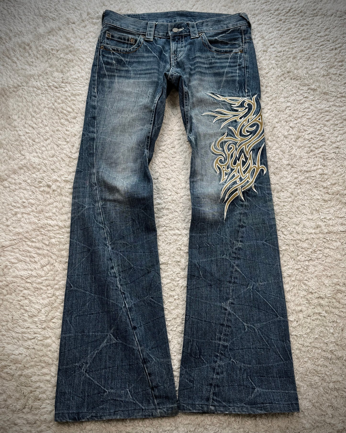 Tornado Mart Tribal Embroidery Spiral Flared Jeans
