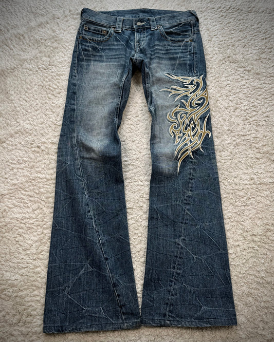 Tornado Mart Tribal Embroidery Spiral Flared Jeans