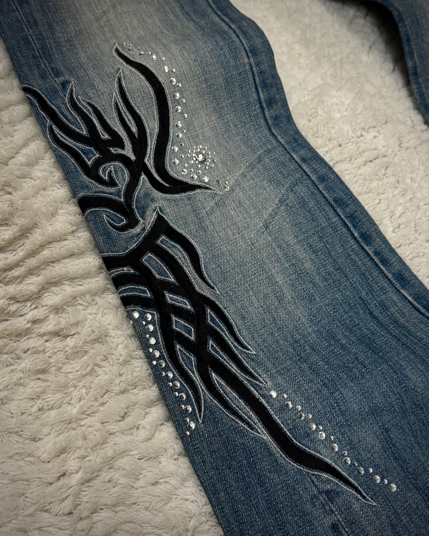 Tornado Mart Tribal Embroidery Studded Flared Jeans