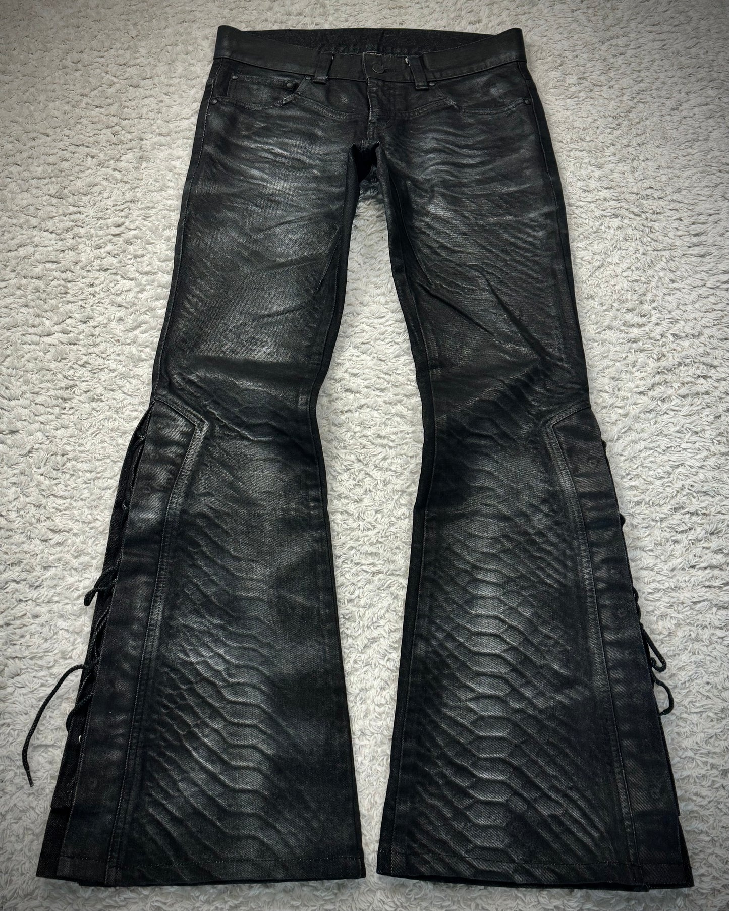 Tornado Mart Oil Coated Python Pattern Lace Up Flared Jeans