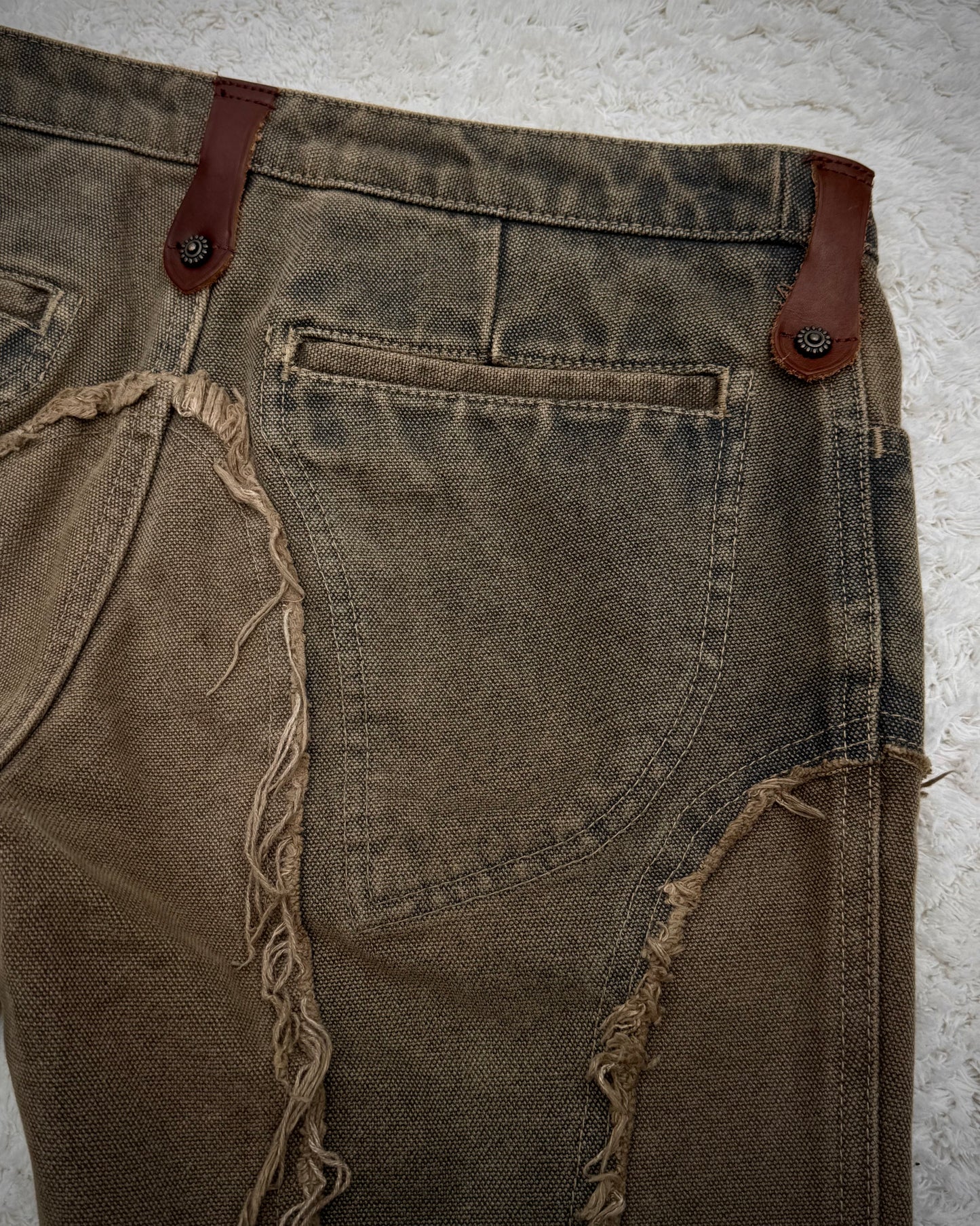 Obelisk Fringed Mud Washed Lace Up Flared Jeans