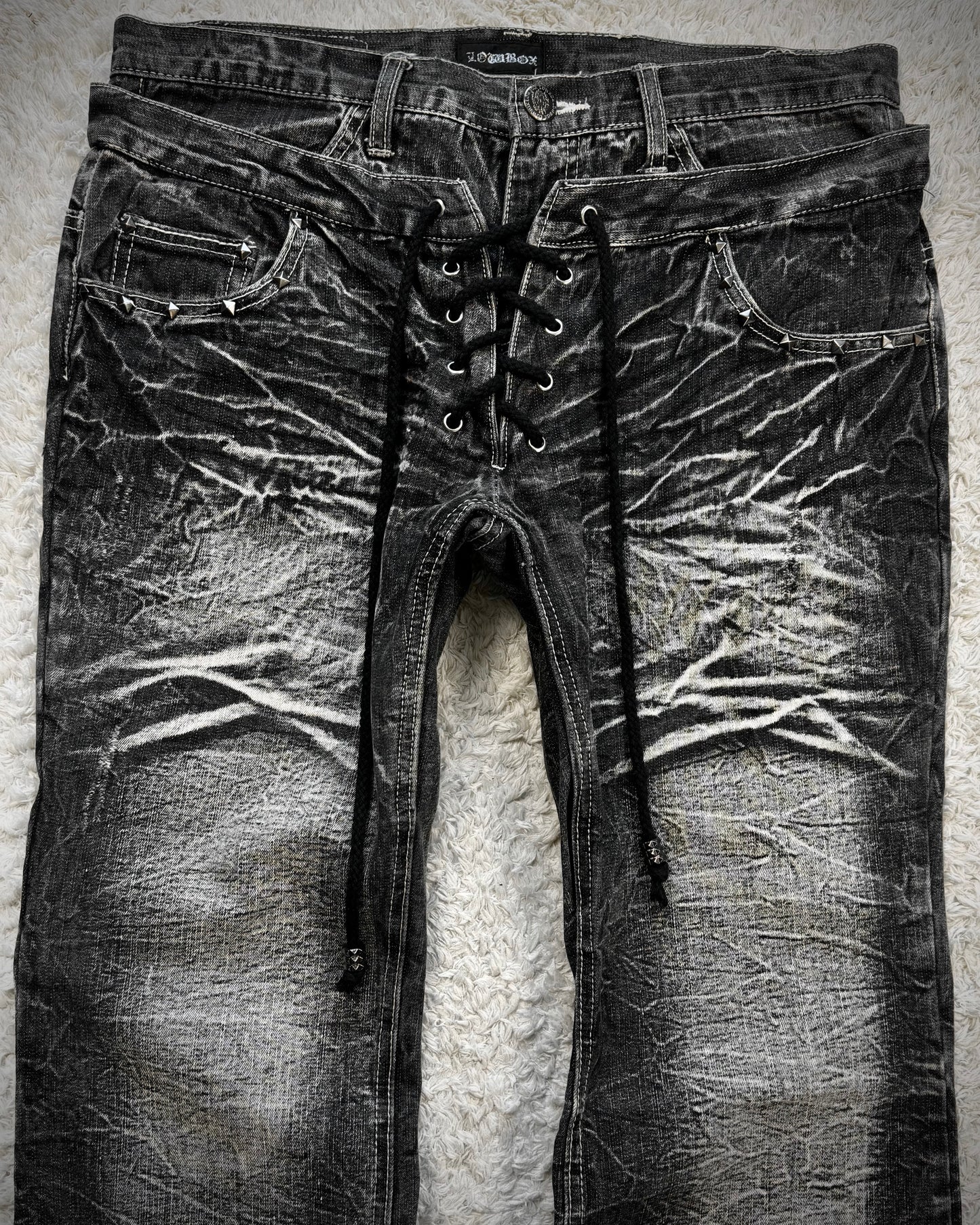 Lowbox Double Waisted Lace Up Whiskered Flared Jeans