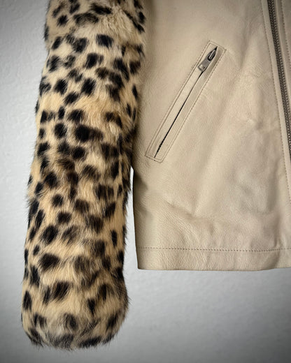 Beams Boy Leopard Dyed Rabbit Fur Sleeves Leather Jacket