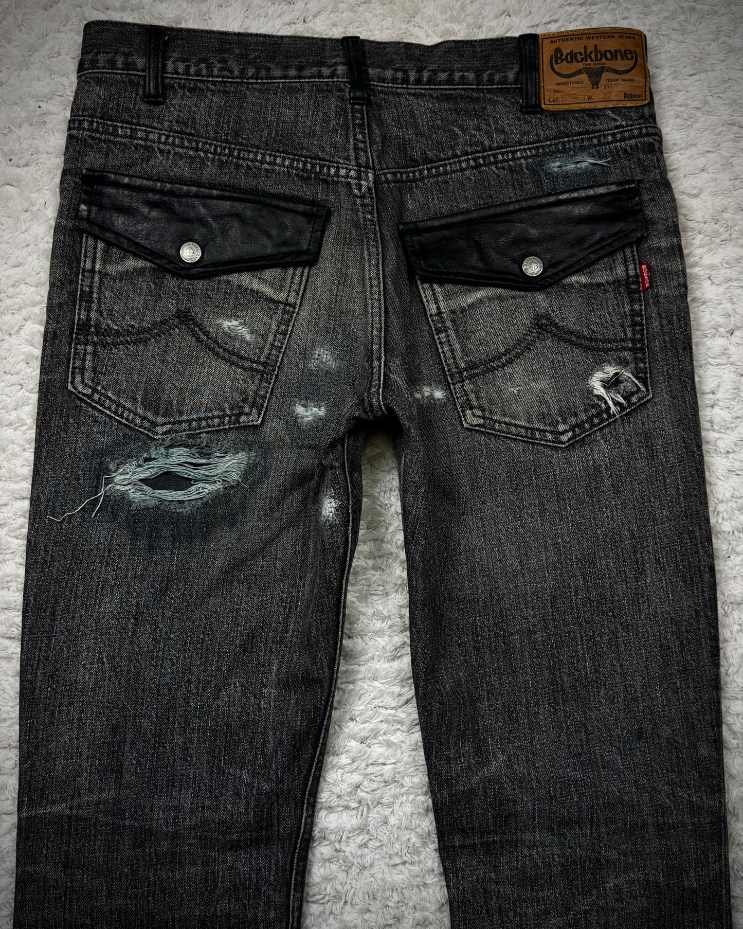 Back Bone Leather Repaired Flared Jeans