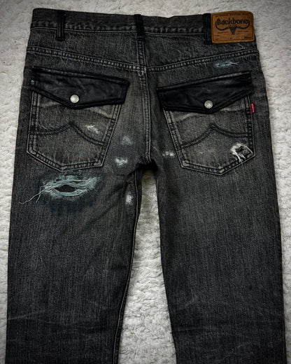 Back Bone Leather Repaired Flared Jeans