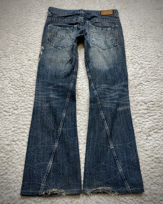 Tornado Mart Tribal Tattoo Embroidery Spiral Flared Jeans