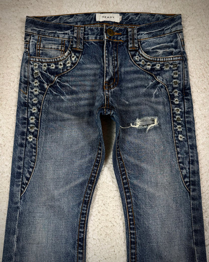Beast Studded Distressing Flared Jeans