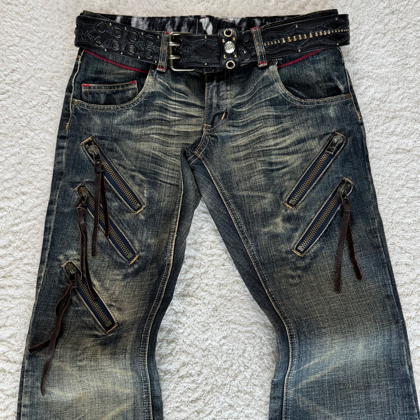 Tornado Mart Mud Wash Leather Tassel Zippers Flared Jeans