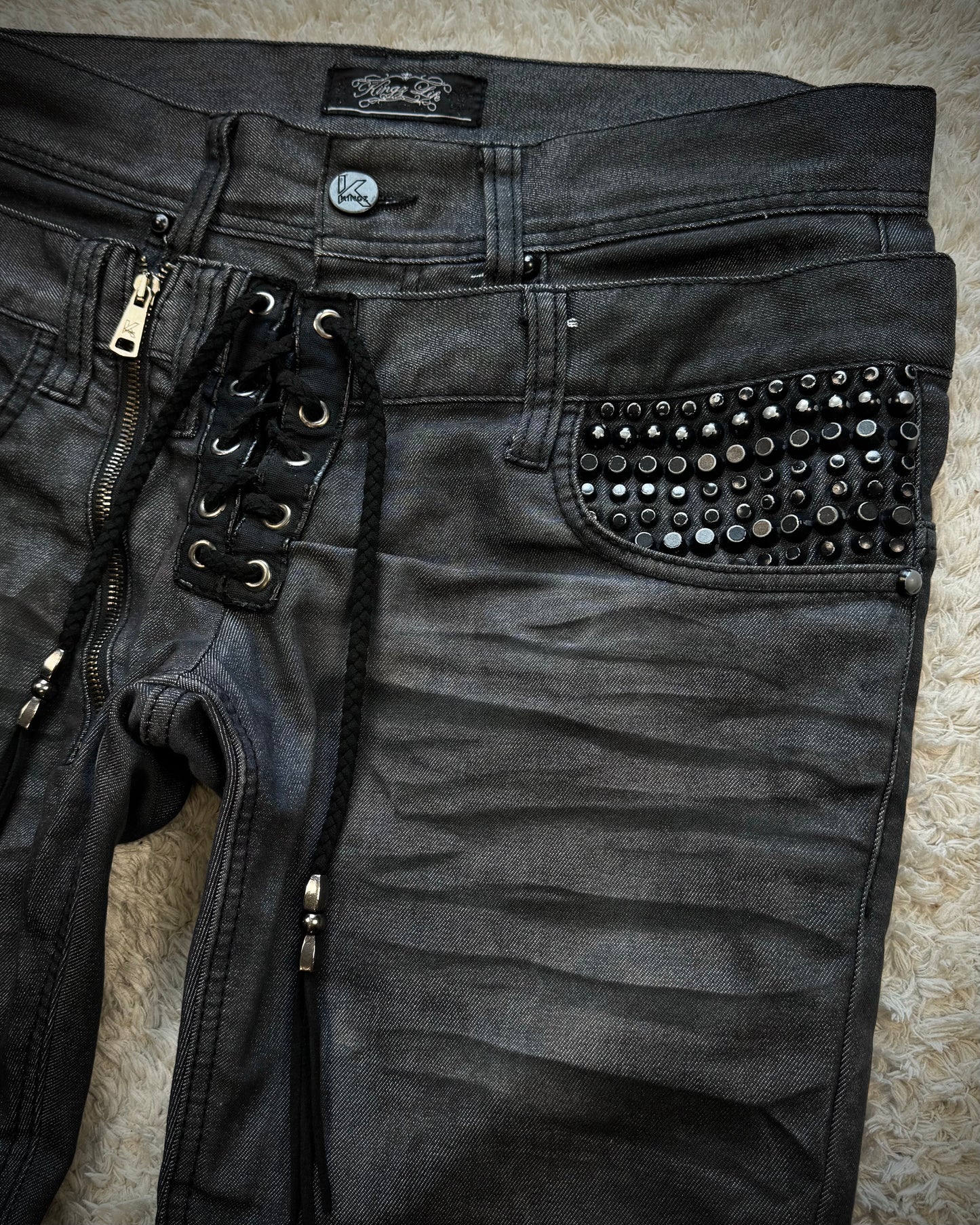 Kingz Life Double Waisted Studded Lace Up Denim