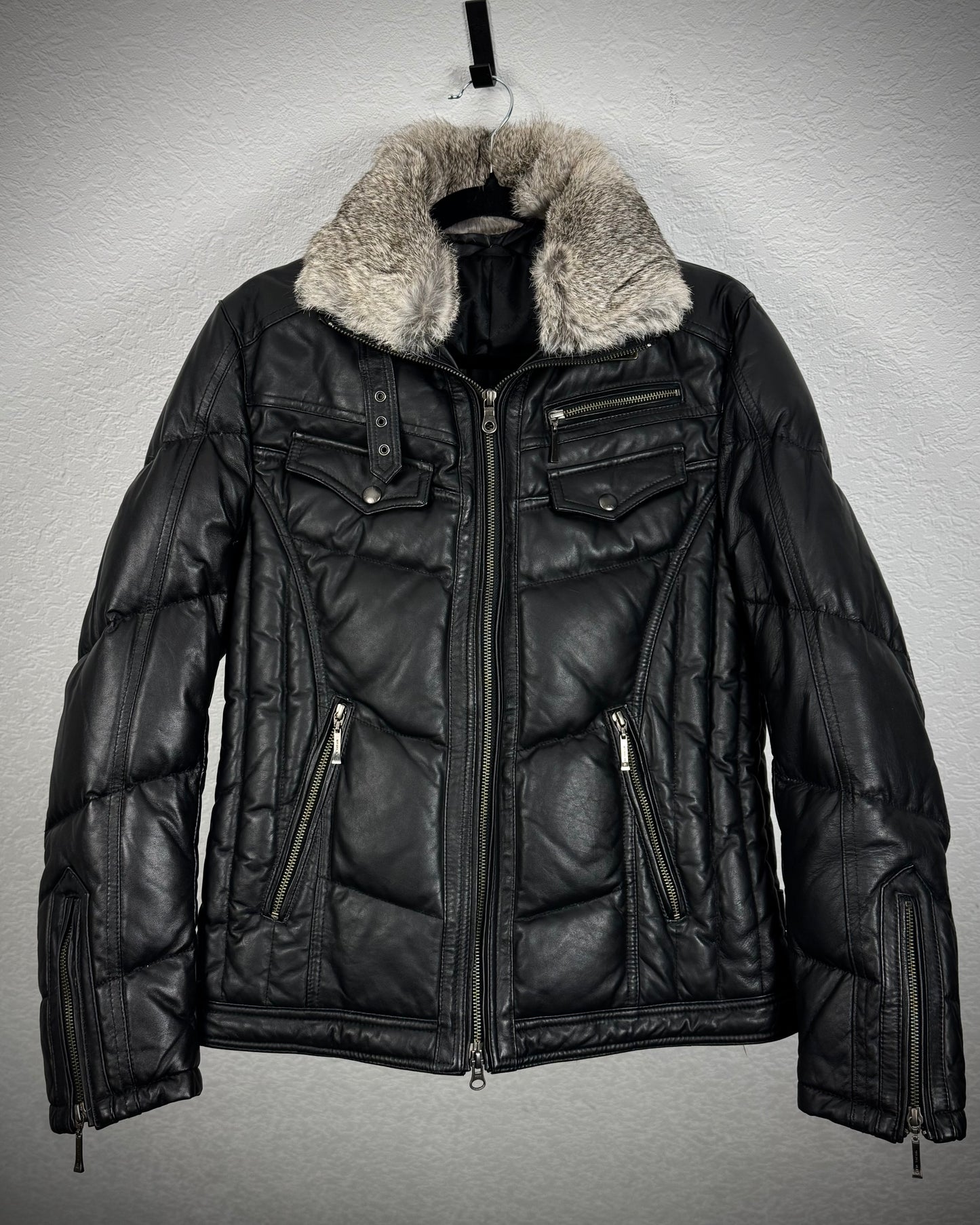 Michel Klein Fur Collar Leather Puffer Jacket