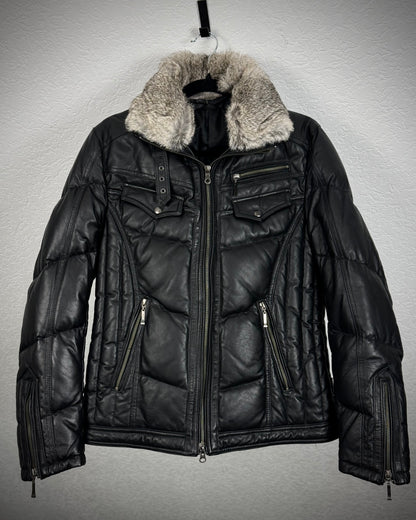 Michel Klein Fur Collar Leather Puffer Jacket