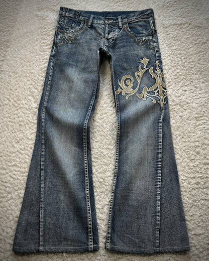 Tornado Mart Tribal Embroidery Spiral Flared Jeans