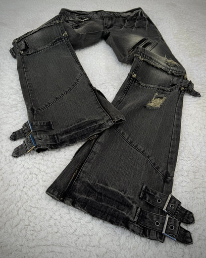 Black Baccara Belted Straps Zippered Flared Jeans