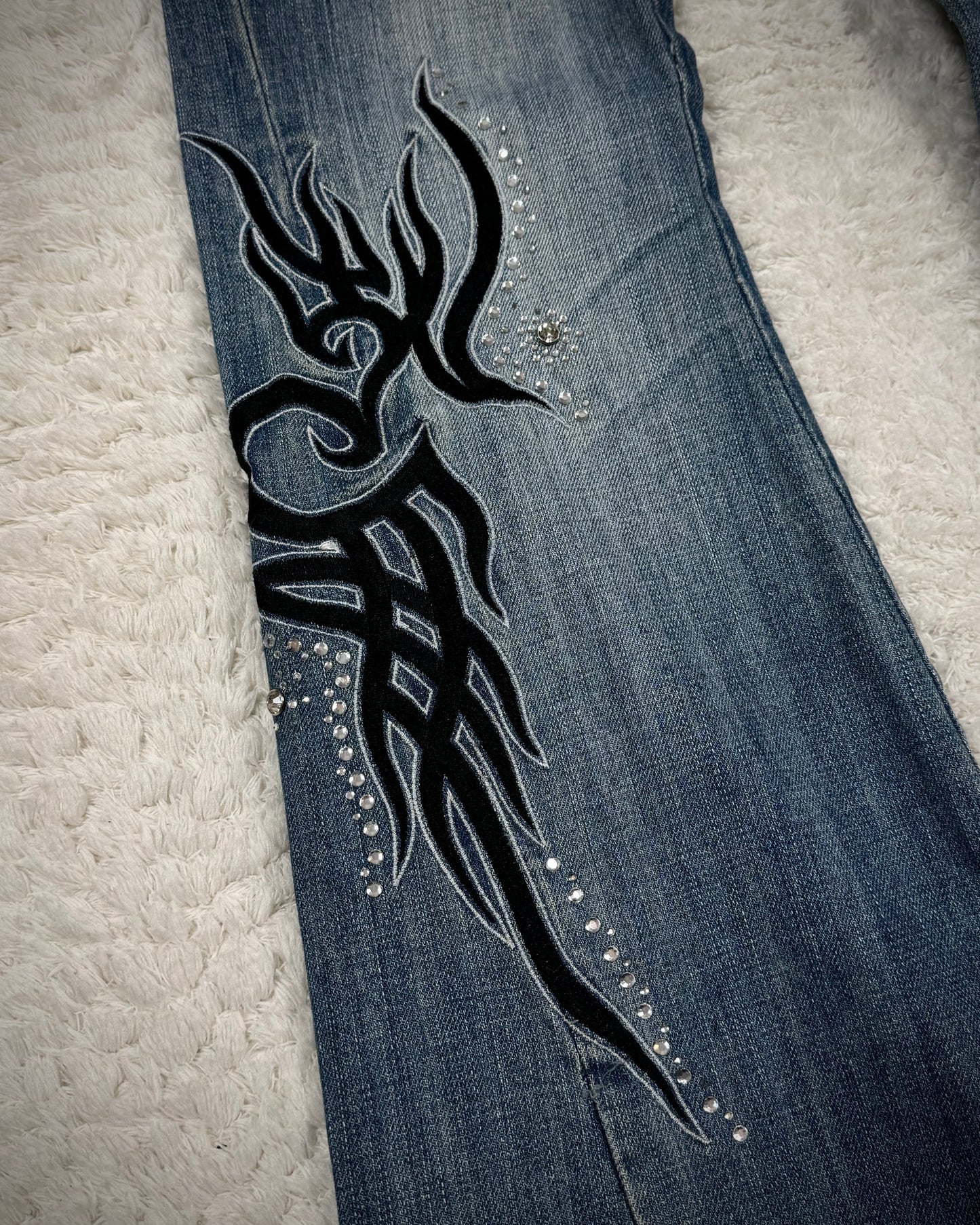 Tornado Mart Tribal Embroidery Studded Flared Jeans