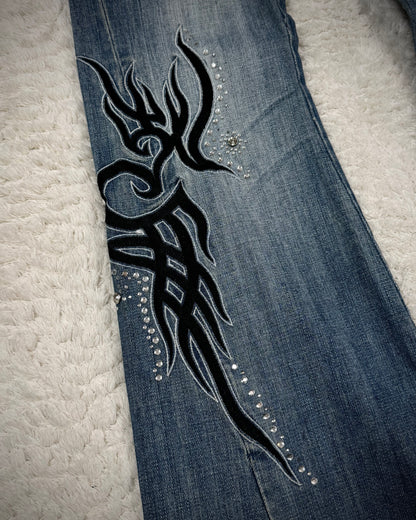 Tornado Mart Tribal Embroidery Studded Flared Jeans