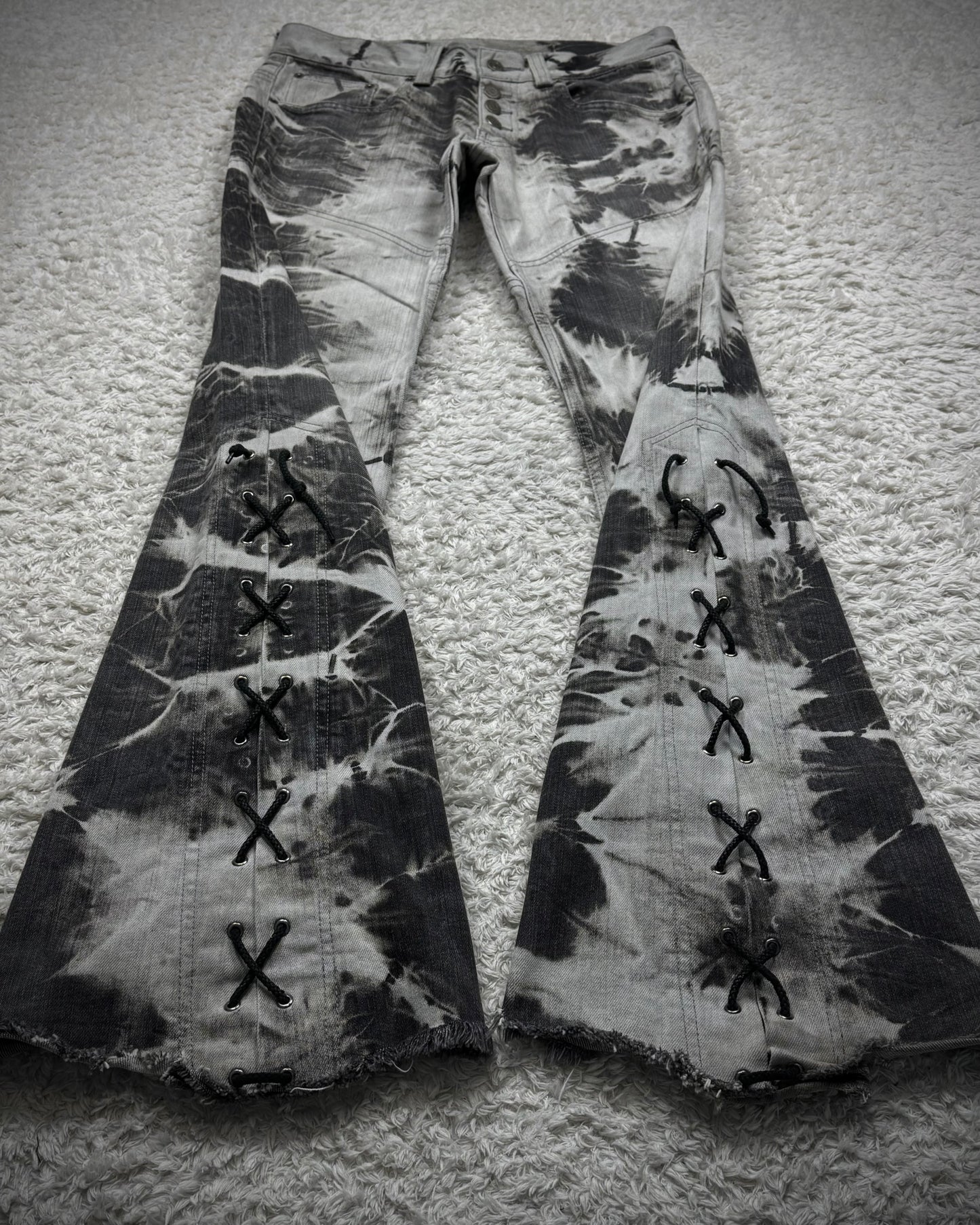 Tornado Mart Ash Marble Washed Raw Hem Lace Up Flared Jeans